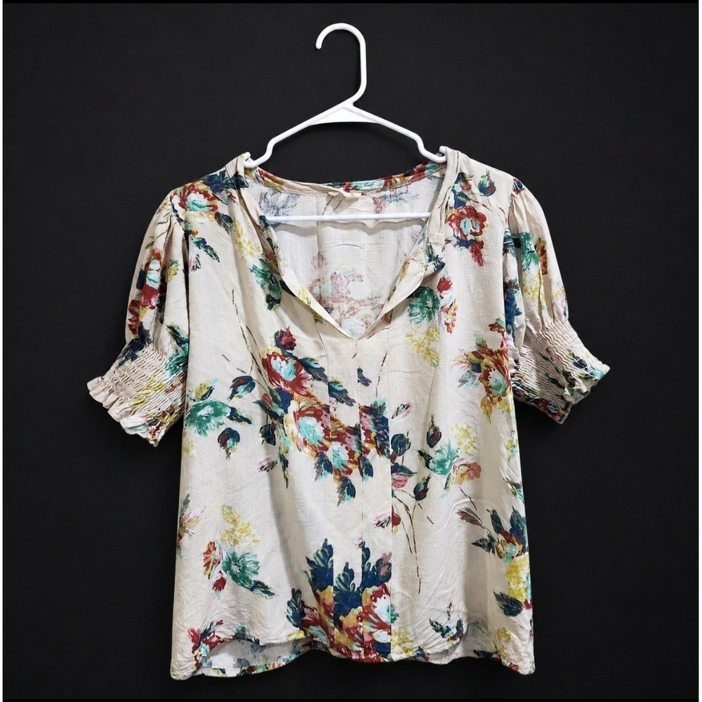 Bibi Floral Puff Sleeve Blouse Cream Multi Rayon Split Neck Top BT3380-11 Mens M